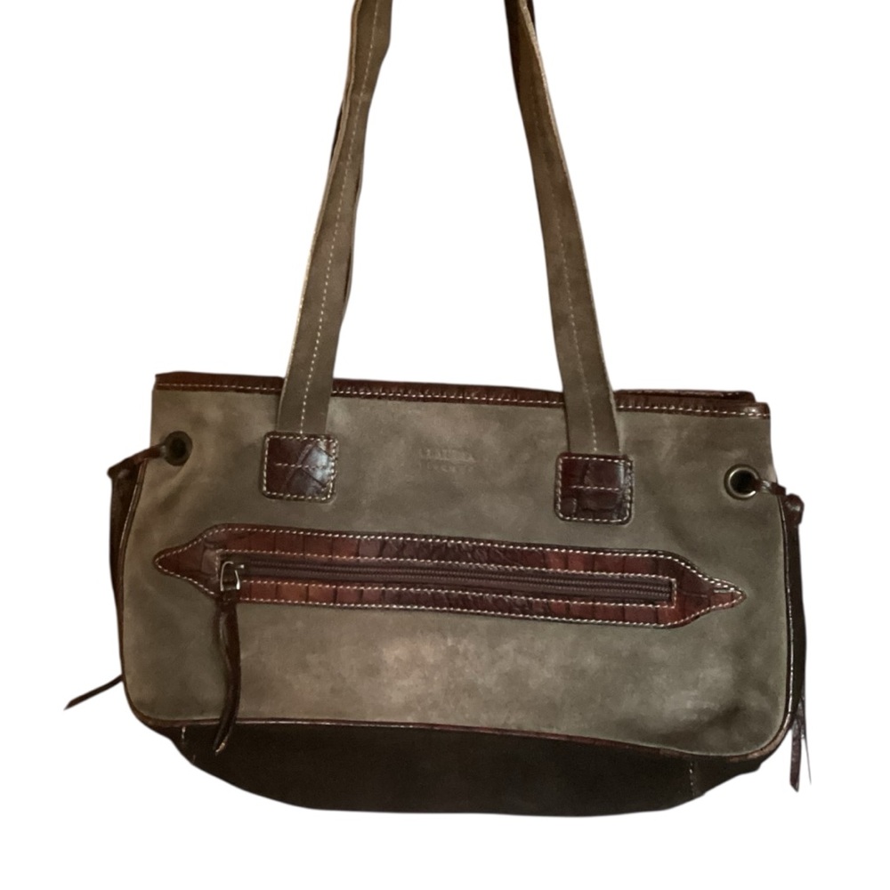 Claudia Firenze Suede Satchel Shoulder Bag Taupe Brown Crocodile Embossed Rustic